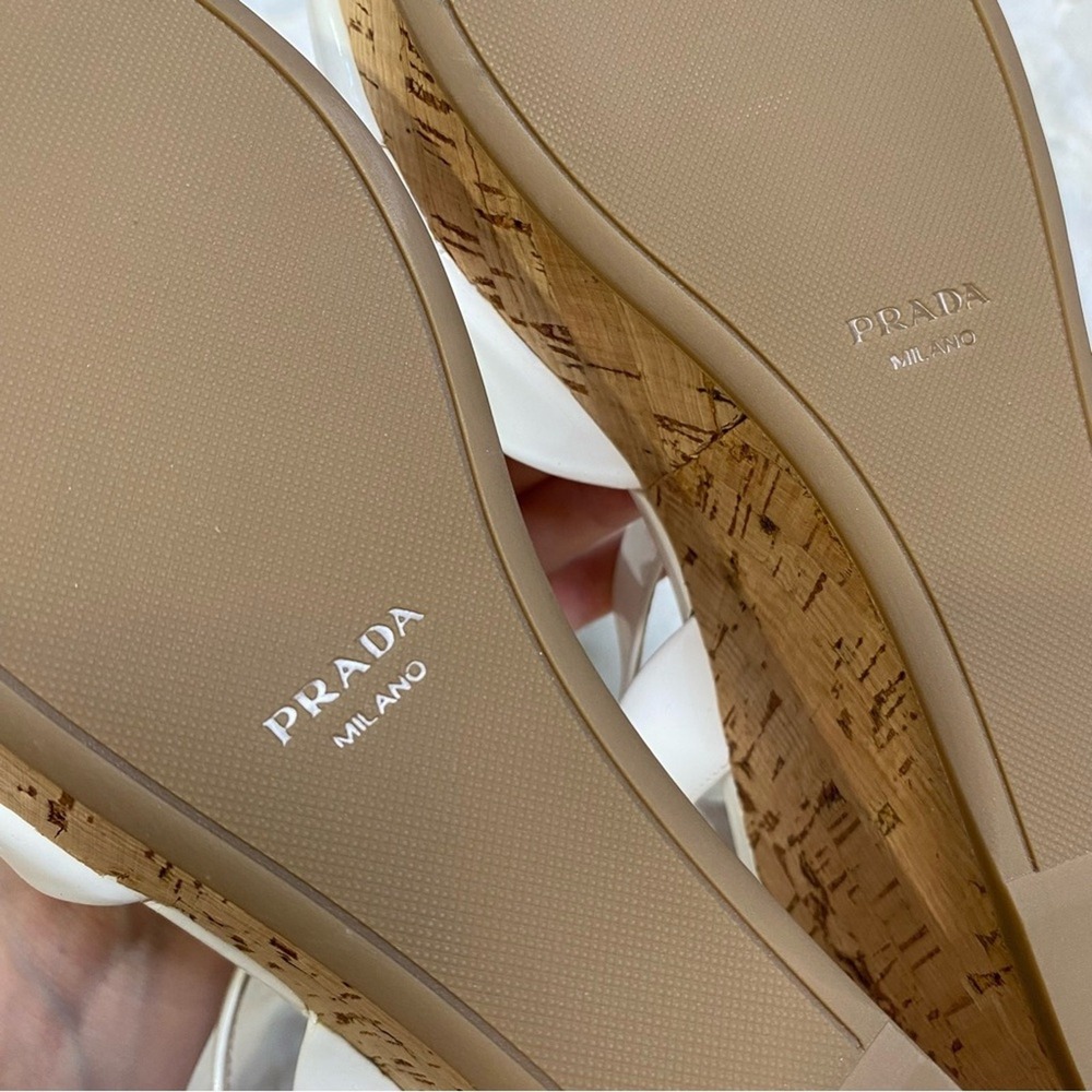 Prada White Patent Leather Criss Cross Ankle Strap Cork Wedge Sandals Size 39 - Picture 14 of 16